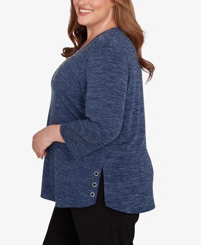 Alfred Dunner Plus Size Classic Melange Side Button Top In Blue