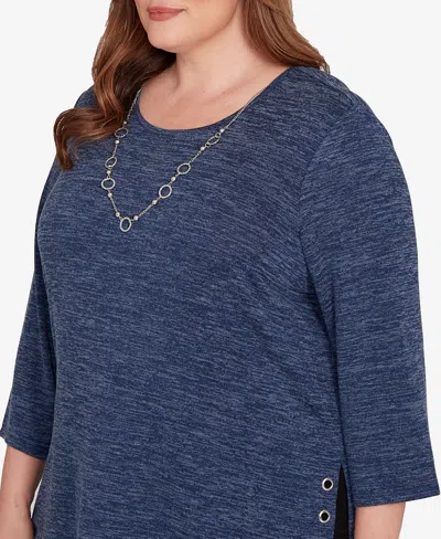 Alfred Dunner Plus Size Classic Melange Side Button Top In Blue