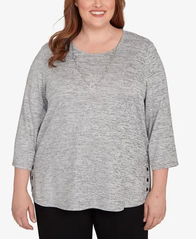 Alfred Dunner Plus Size Classic Melange Side Button Top In Gray
