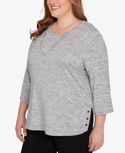 Alfred Dunner Plus Size Classic Melange Side Button Top In Gray