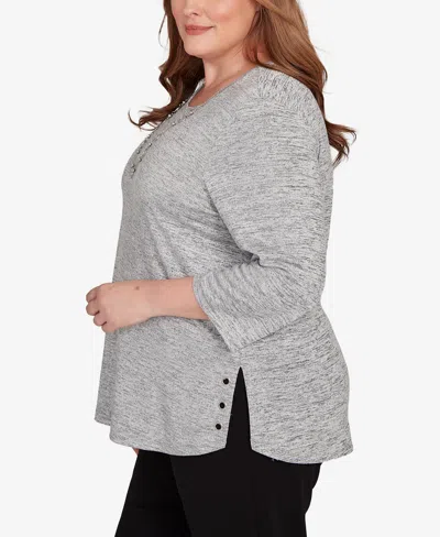 Alfred Dunner Plus Size Classic Melange Side Button Top In Gray