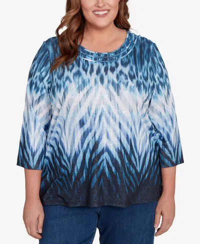 Alfred Dunner Plus Size Classic Ombre Animal Skin Three Quarter Sleeve Top In Blue