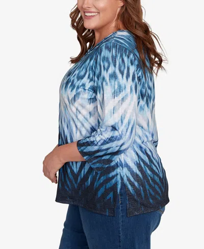 Alfred Dunner Plus Size Classic Ombre Animal Skin Three Quarter Sleeve Top In Blue