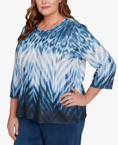 Alfred Dunner Plus Size Classic Ombre Animal Skin Three Quarter Sleeve Top In Blue