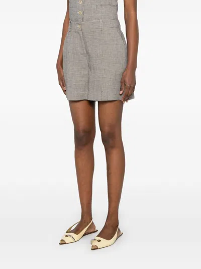 P.a.r.o.s.h Parosh Checked Linen Bambu Shorts With Belt Loops In Gray