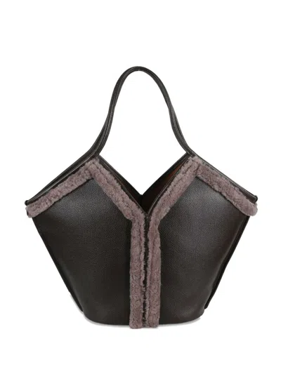 Hereu Leather Shopping Bag Shearling Trim In Black