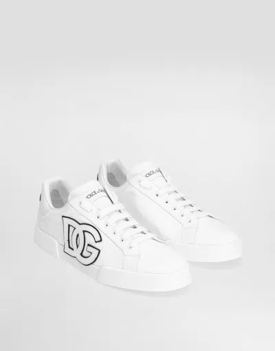 Dolce & Gabbana Portofino Light Strobel Sneakers In Canvas And Calfskin In White