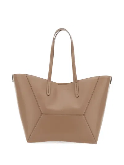 Brunello Cucinelli Beige Tote Bag With Logo Lettering On The Front And Geometric Panels Design In Leather Woman In Neutral