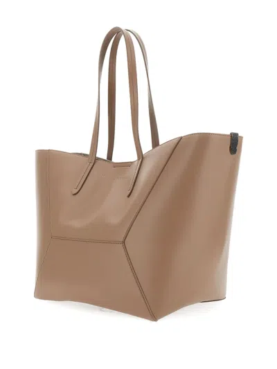 Brunello Cucinelli Beige Tote Bag With Logo Lettering On The Front And Geometric Panels Design In Leather Woman In Neutral