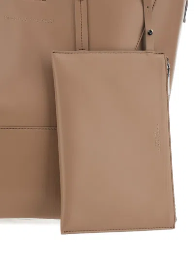 Brunello Cucinelli Beige Tote Bag With Logo Lettering On The Front And Geometric Panels Design In Leather Woman In Neutral