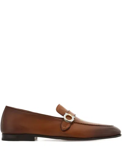Ferragamo Brown Loafers With Gancini Detail In Leather Man In Brown