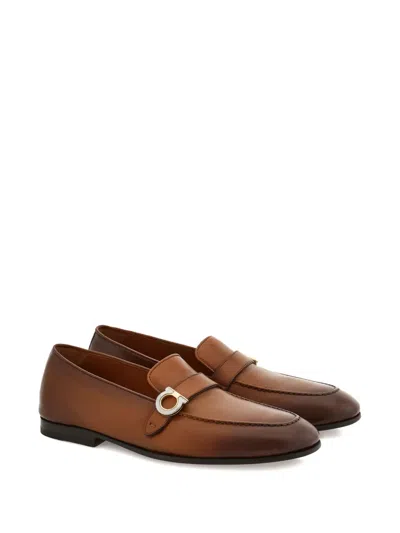 Ferragamo Brown Loafers With Gancini Detail In Leather Man In Brown