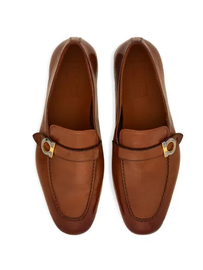 Ferragamo Brown Loafers With Gancini Detail In Leather Man In Brown