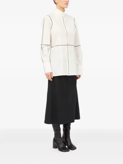 Mm6 Maison Margiela Stand-up Collar Off-white Cotton Shirt With Geometric Stripes
