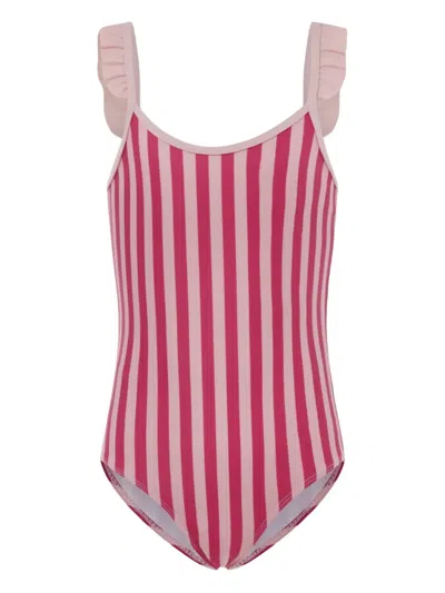 Petit Bateau Ruffled Striped Swimsuit In Multi