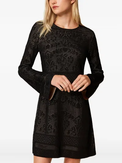 Twinset Twin-set Mini Dress With Textured Fabric And Floral Patterns In Black