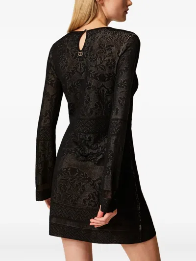 Twinset Twin-set Mini Dress With Textured Fabric And Floral Patterns In Black