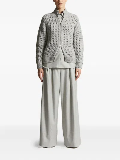 Peserico Textured Open-knit Sweater With High Ribbed Collar In Gray