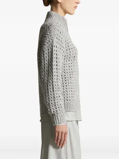 Peserico Textured Open-knit Sweater With High Ribbed Collar In Gray