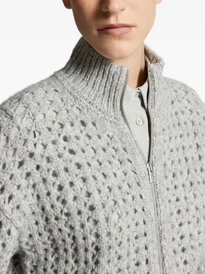Peserico Textured Open-knit Sweater With High Ribbed Collar In Gray