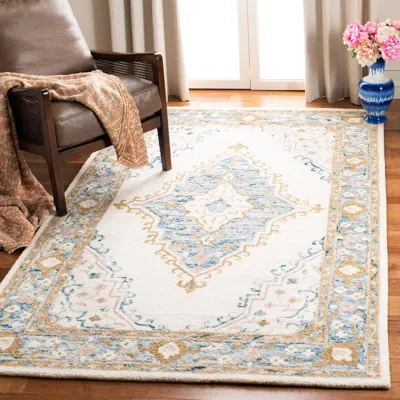 Safavieh Micro-loop Hand Made Area Rug, Ivory / Blue Traditional Style Non-shedding In Multi