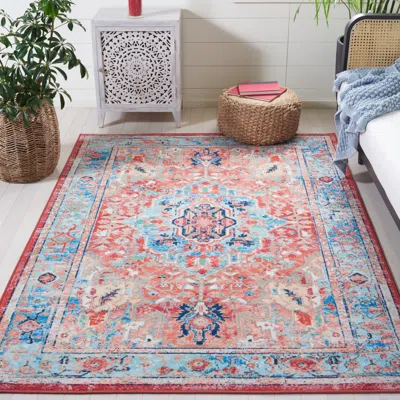Safavieh Riviera Non-slip Machine Washable Area Rug, Light Blue / Red Traditional Style Easy Care In Multi