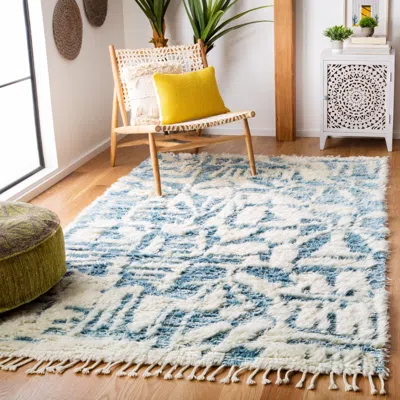 Safavieh Manhattan Hand Made Area Rug, Ivory / Blue Shag / Flokati Style Non-shedding In Blue