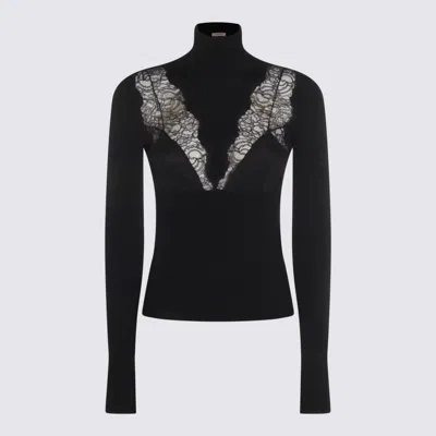 Blumarine Turtleneck Knit With Ribbed Texture And Lace Inserts In Black
