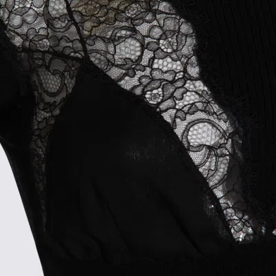 Blumarine Turtleneck Knit With Ribbed Texture And Lace Inserts In Black