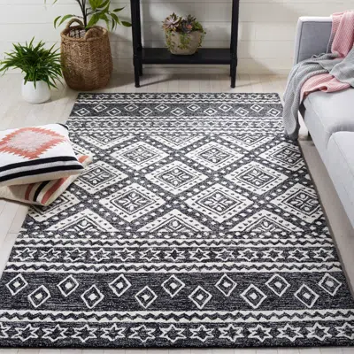 Safavieh Micro-loop Hand Made Area Rug, Black / Grey Bohemian Style Non-shedding In Gray