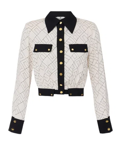 Elisabetta Franchi Bi-color Shirt With Gold Accents And Geometric Pattern In Neutral