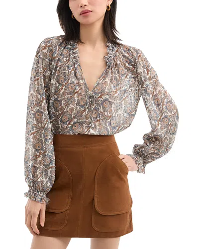 Veronica Beard Hickory Print Tie Neck Silk Blend Shirt In Multi