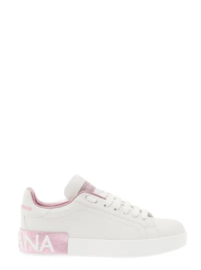 Dolce & Gabbana Portofino Leather Sneakers In White And Pink In White