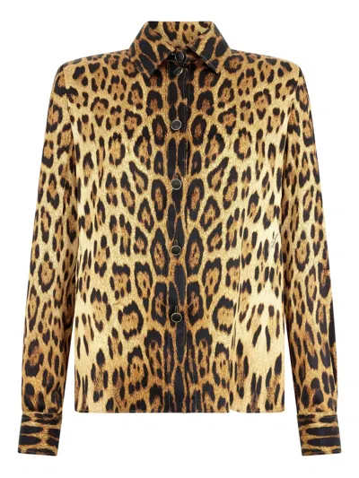 Roberto Cavalli Silk Shirt With Jaguar Skin Print In Brown