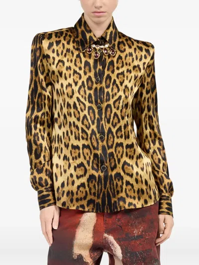 Roberto Cavalli Silk Shirt With Jaguar Skin Print In Brown