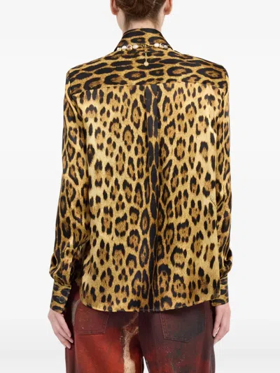 Roberto Cavalli Silk Shirt With Jaguar Skin Print In Brown