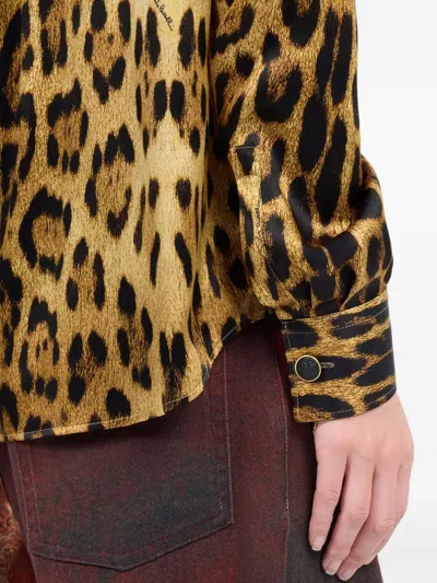 Roberto Cavalli Silk Shirt With Jaguar Skin Print In Brown