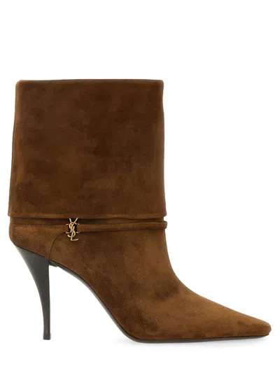 Saint Laurent Niki Suede Ysl Stiletto Ankle Booties In Brown