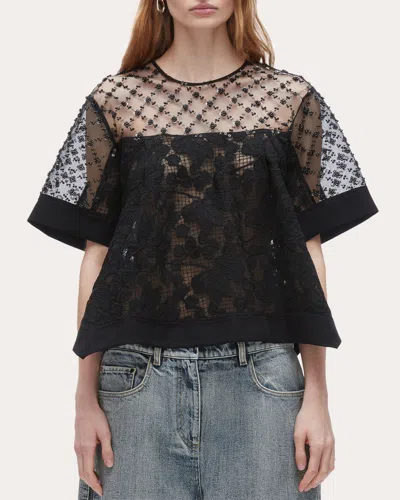 3.1 Phillip Lim Womens Black Flounce Short-sleeve Corded Lace Top