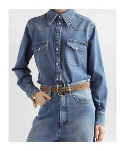 Dolce & Gabbana Denim Cotton Shirt With Chest Pockets In Black