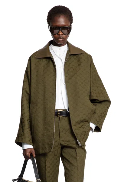 Gucci Gg Monogram Leather-trimmed Oversized Jacket In Green