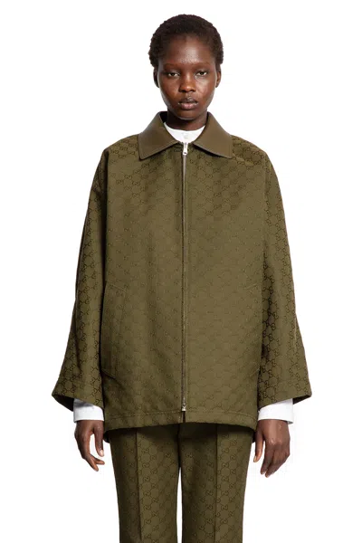 Gucci Gg Monogram Leather-trimmed Oversized Jacket In Green
