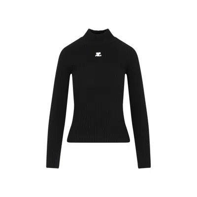 Courrèges Mockneck Rib Knit Sweater In Black