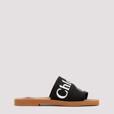 Chloé Women Woody Linen Flat Sandals In Black