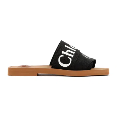 Chloé Women Woody Linen Flat Sandals In Black