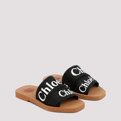 Chloé Women Woody Linen Flat Sandals In Black