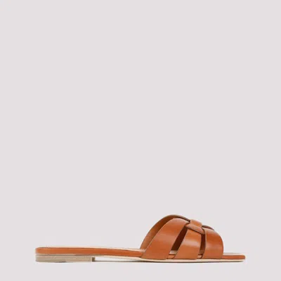 Saint Laurent Tribute Woven Leather Flat Sandals In Brown