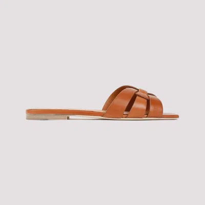 Saint Laurent Tribute Woven Leather Flat Sandals In Brown