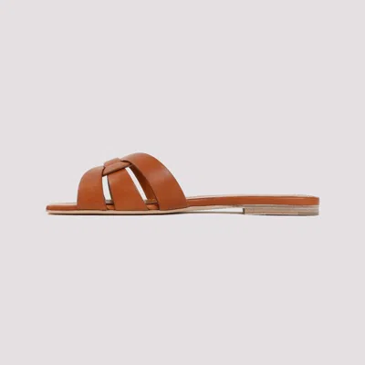 Saint Laurent Tribute Woven Leather Flat Sandals In Brown