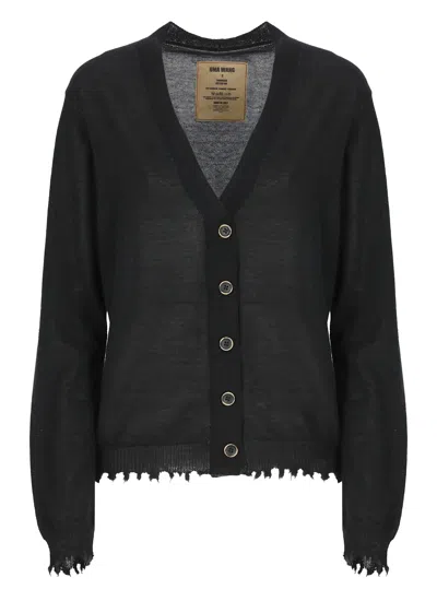 Uma Wang Frayed Hem V-neck Over Cardigan Knitwear In Black